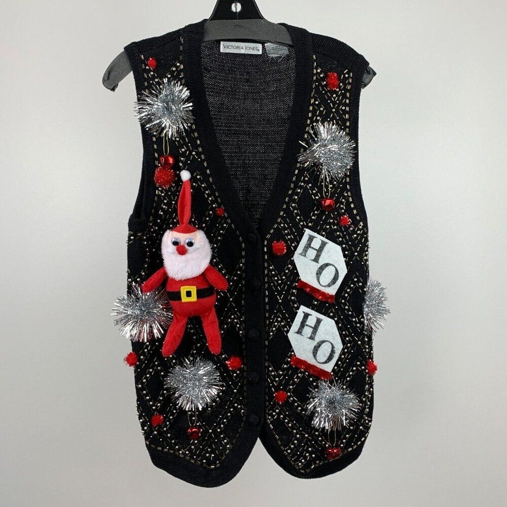 Ugly Christmas Sweater Vest sz M Plush Santa Beaded Jingle Bells Unique!